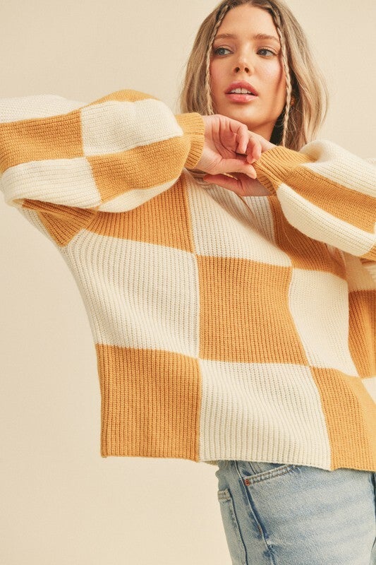 Oversized Checkerboard Pullover Sweater Three Bridges Boutique
